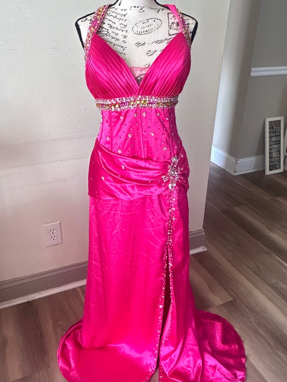 Mori Lee Hot Pink Beaded Halter Prom Gown
